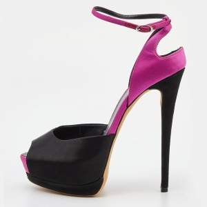 Pre Owned Giuseppe Zanotti Black/Pink Satin and Suede Peep Toe Platform Ankle Sandals Size 38