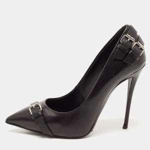 Pre Owned Giuseppe Zanotti Black Leather Buckle Detail Pointed Toe Pumps Size 37.5