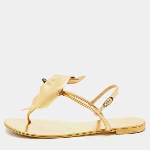 Pre Owned Giuseppe Zanotti Gold Leather Floral Applique Flat Sandals Size 40