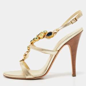 Giuseppe Zanotti Gold Leather Crystal Embellished Ankle Strap Sandals Size 39