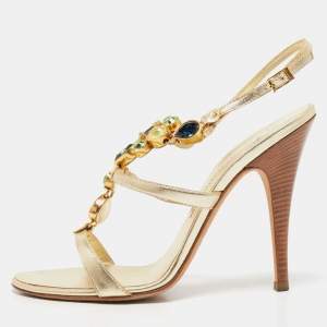 Pre Owned Giuseppe Zanotti Gold Leather Crystal Embellished Ankle Strap Sandals Size 39