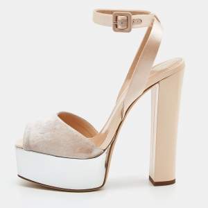 Pre Owned Giuseppe Zanotti Beige Velvet and Patent Leather Platform Slingback Pumps Size 40