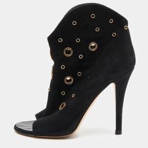 Pre Owned Giuseppe Zanotti Black Suede Crystal Embellished Eyelet Open Toe Booties Size 38.5