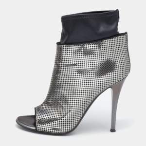 Pre Owned Giuseppe Zanotti Silver/Black Perforated Leather Open Toe Ankle Booties Size 38.5
