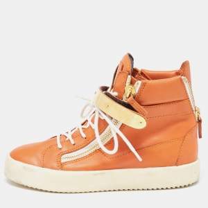 Pre Owned Giuseppe Zanotti Orange Leather Coby High Top Sneakers Size 38