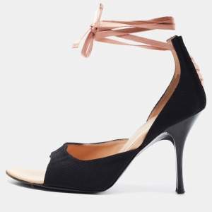 Pre Owned Giuseppe Zanotti Black Canvas Lace Trim Open Toe Pumps Size 37.5