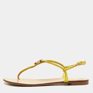 Pre Owned Giuseppe Zanotti Metallic Leather Crystal Embellished Thong Flat Sandals Size 37.5