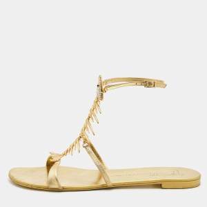 Pre Owned Giuseppe Zanotti Gold Leather Fishbone Embellished Ankle Strap Sandals Size 42