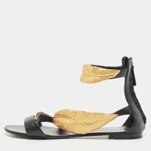 Pre Owned Giuseppe Zanotti Black Leather Leaf Ankle Cuff Sandals Size 41
