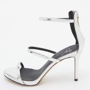 Pre Owned Giuseppe Zanotti Silver Laminated Leather Ankle Strap Sandals Size 36