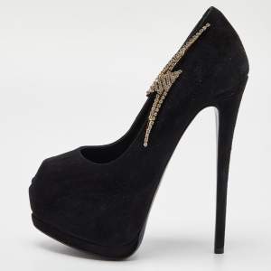 Pre Owned Giuseppe Zanotti Black Suede Crystal Embellished Peep Toe Pumps Size 35.5