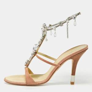 Giuseppe Zanotti Pink Suede Crystal Embellished Ankle Strap Sandals Size 37