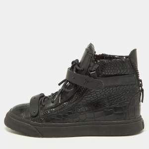 Pre Owned Giuseppe Zanotti Black Croc Embossed Leather Coby High Top Sneakers Size 38