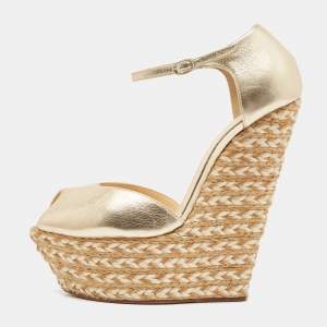 Pre Owned Giuseppe Zanotti Gold Leather Wedge Ankle Strap Espadrille Sandals Size 38
