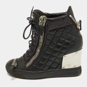 Pre Owned Giuseppe Zanotti Black Quilted Leather Wedge Sneakers Size 36.5