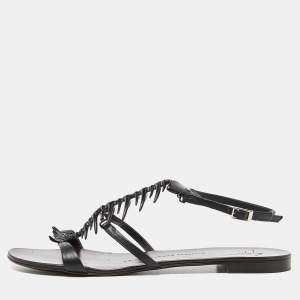 Pre Owned Giuseppe Zanotti Black Leather Fishbone Flat Sandals Size 38