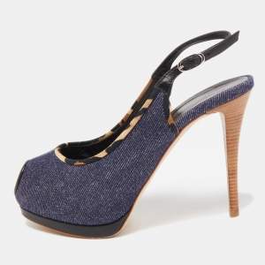 Giuseppe Zanotti Navy Blue Denim Peep Toe Platform Slingback Pumps Size 37.5