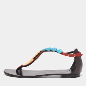 Giuseppe Zanotti Red/Black Leather Turquoise Beaded Ankle Strap Thong Sandals Size 38