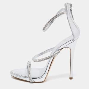 Pre Owned Giuseppe Zanotti Silver Foil Leather Harmony Crystal Embellished Ankle Cuff Sandals Size 37.5