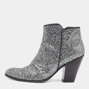 Pre Owned Giuseppe Zanotti Grey Coarse Glitter Ankle Boots Size 39