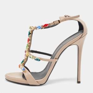 Pre Owned Giuseppe Zanotti Beige Leather Elba Crystal Embellished Sandals Size 38