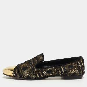 Giuseppe Zanotti Black/Gold  Lace and Glitter Dallia Smoking Slippers Size 37