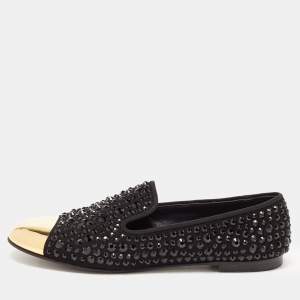 Pre Owned Giuseppe Zanotti Black/Gold Suede Cap Toe Crystals Embellished Smoking Slippers Size 39