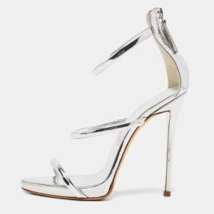 Pre Owned Giuseppe Zanotti Silver Foil Leather Harmony Ankle Strap Sandals Size 37