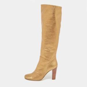 Pre Owned Giuseppe Zanotti Gold Leather Block Heel Knee High Boots Size 40