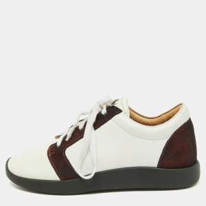 Giuseppe Zanotti White/Burgundy Leather and Laminated Suede Low Top Sneakers Size 37
