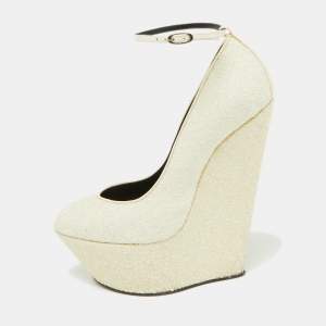 Pre Owned Giuseppe Zanotti Off White Coarse Glitter Platform Wedge Ankle Strap Pumps Size 38