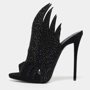 Pre Owned Giuseppe Zanotti Black Crystal Embellished Suede Open Toe Mules Size 38