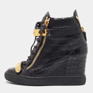 Pre Owned Giuseppe Zanotti Black Croc Embossed Leather Sneakers Size 38.5