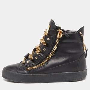 Pre Owned Giuseppe Zanotti Black Leather London Birel Chain Embellished High Top Sneakers Size 38