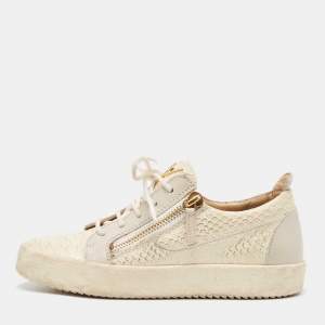 Pre Owned Giuseppe Zanotti Cream/Grey Embossed Python and Leather Frankie Sneakers Size 38.5