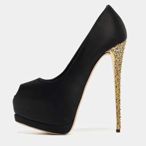 Pre Owned Giuseppe Zanotti Black Satin Platform Peep Toe Pumps Size 37 