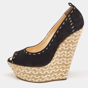 Pre Owned Giuseppe Zanotti Black Suede Espadrille Wedge Ankle Strap Peep Toe Pumps Size 40