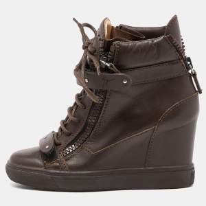 Pre Owned Giuseppe Zanotti Brown Leather Coby Wedge Sneakers Size 36