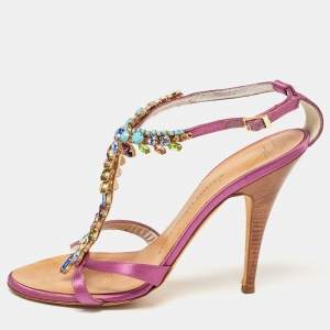 Pre Owned Giuseppe Zanotti Purple Satin Crystal Embellished T-Bar Ankle Strap Sandals Size 38.5
