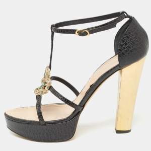 Giuseppe Zanotti Black Croc Embossed Embellished Ankle Strap Sandals Size 39.5