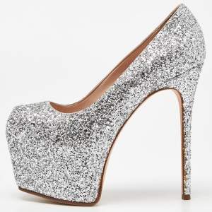 Pre Owned Giuseppe Zanotti Silver Coarse Glitter Sharon Peep Toe Platform Pumps Size 37