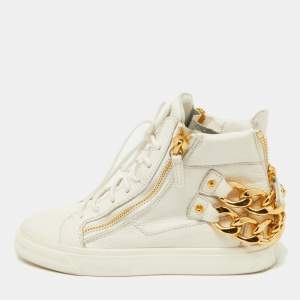 Pre Owned Giuseppe Zanotti White Leather Chain Detail High Top Sneakers Size 37