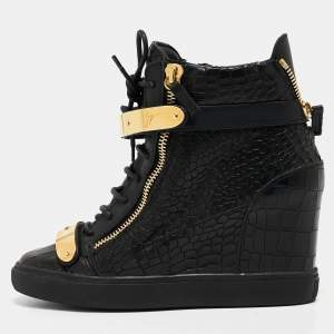 Pre Owned Giuseppe Zanotti Black Croc Embossed Leather Lorenz Wadge Sneakers Size 41