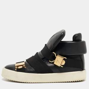 Pre Owned Giuseppe Zanotti Black Leather Double Buckle High Top Sneakers Size 37
