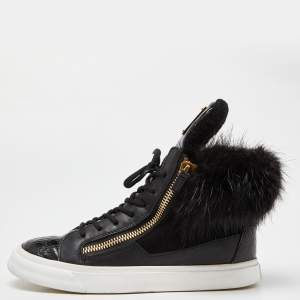 Giuseppe Zanotti Black Leather,Suede and Calfhair London High-Top Sneakers Size 37