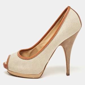 Giuseppe Zanotti Beige/Brown Canvas Peep Toe Platform Pumps Size 40