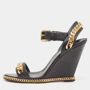 Giuseppe Zanotti Black Leather Chain Link Detail Wedge Ankle Strap Sandals Size 38