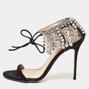 Pre Owned Giuseppe Zanotti Black Suede Crystal Embellished Ankle Tie Sandals Size 38