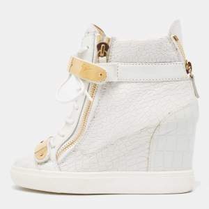 Pre Owned Giuseppe Zanotti White Croc Embossed Leather Wedge High Top Sneakers Size 36