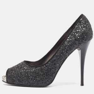 Pre Owned Giuseppe Zanotti Black Glitter Platform Peep Toe Pumps Size 37.5